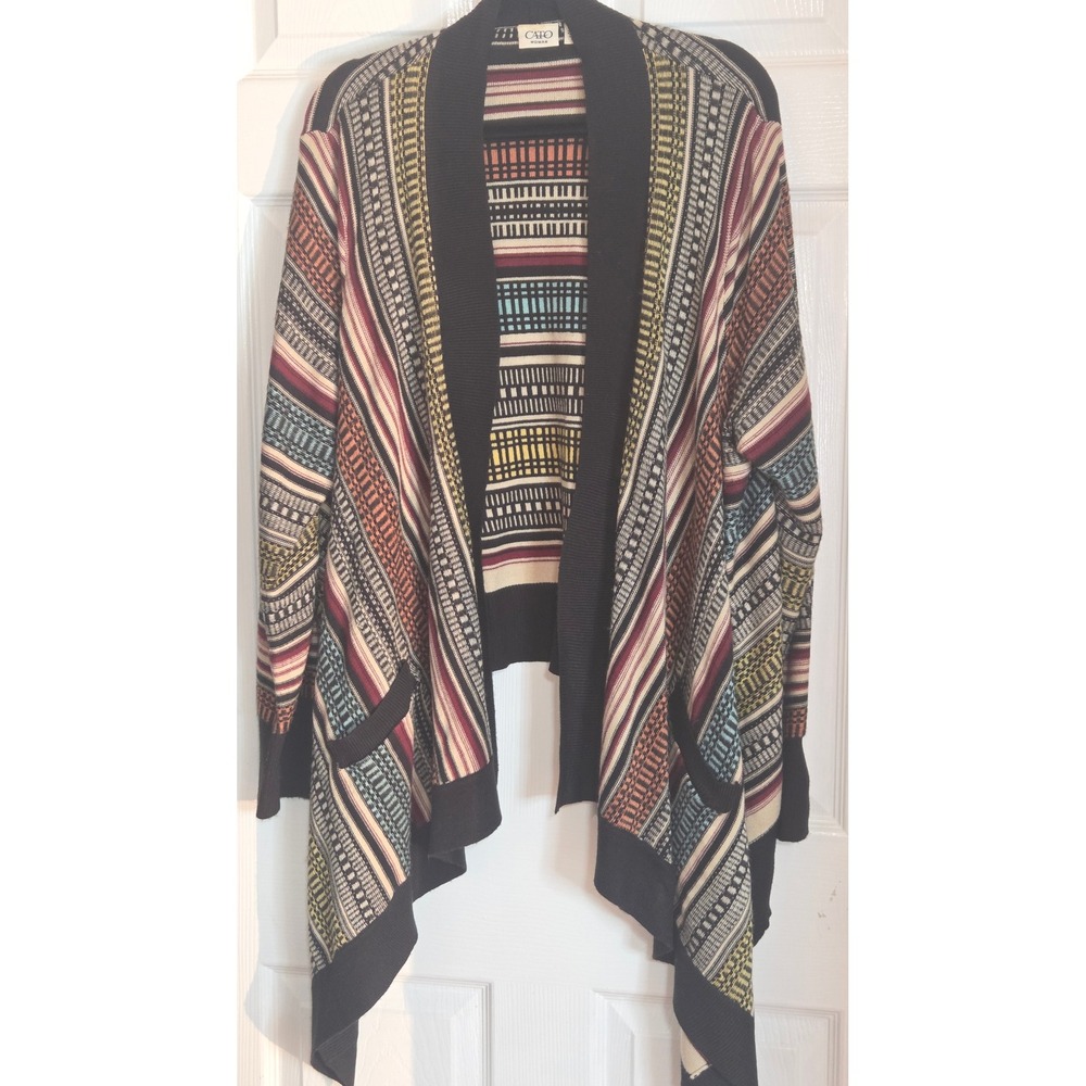 Cato Woman Multi Color Geometric Striped Open Front Waterfall Cardigan 22/24W